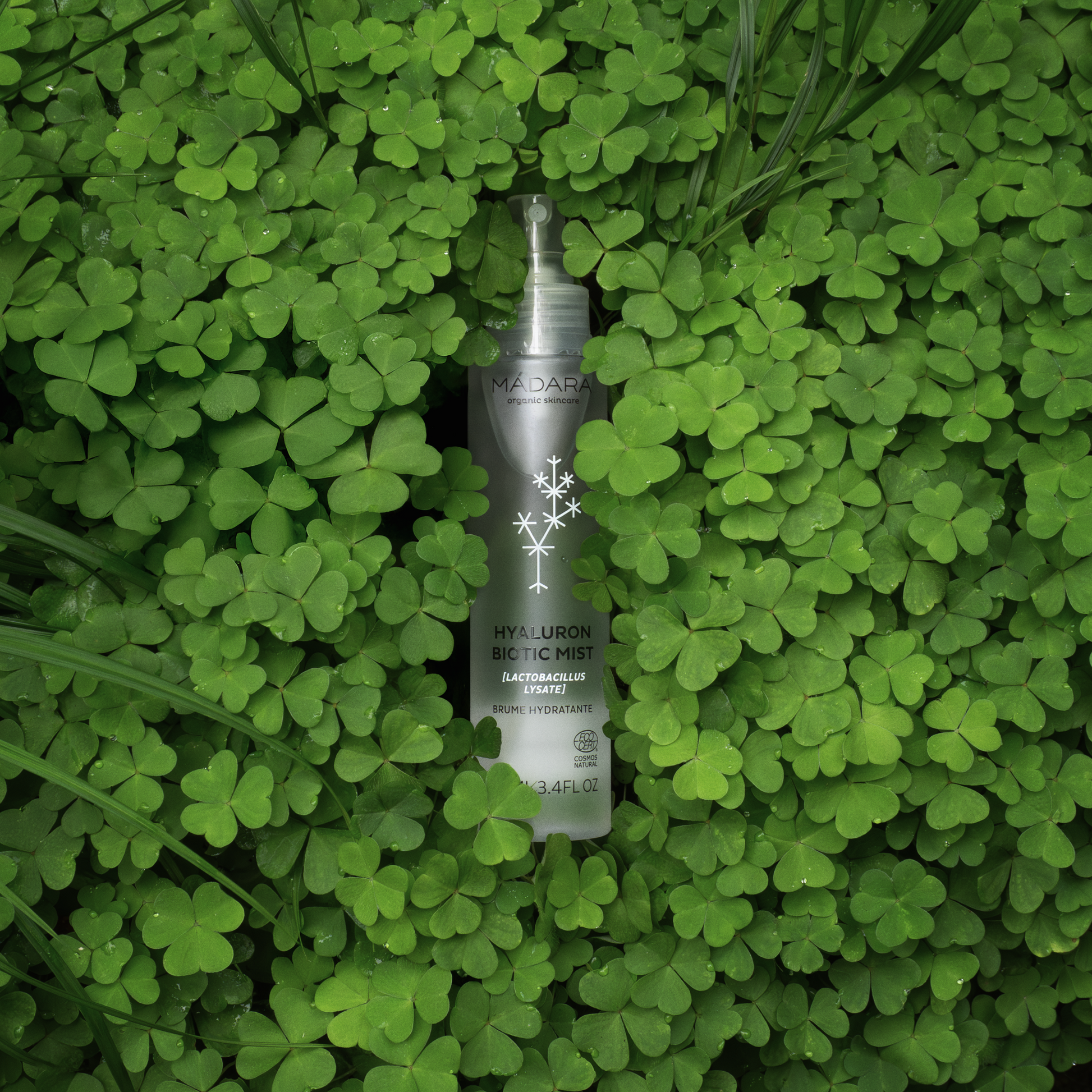 Madara Hyaluron Biotic Mist – doorzichtige sprayfles tussen frisgroene bladeren, natuurlijke gezichtsspray met hyaluronzuur.